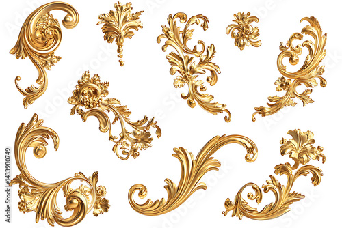 Collection of golden baroque style floral ornaments on a transparent background design elements