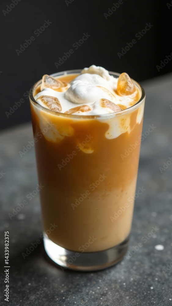 Cold Brew Coffee with Foam on a Grey Stone Table, Copy Space, vertical, menu, ice Cold Brew Coffee with Foam on a Grey Stone Table, Copy Space, vertical, menu, ice