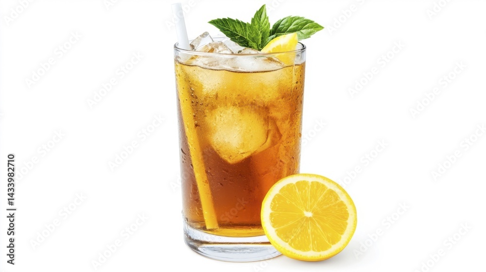 Iced tea with lemon and mint leaves in a glass on a white background. Generative AI