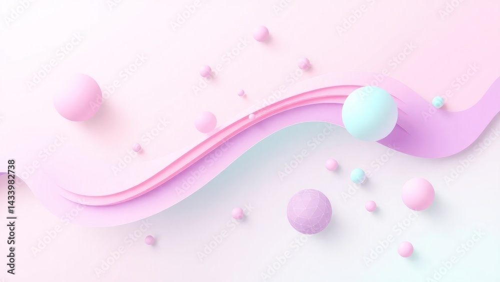 Pastel spheres and wavy ribbons on a soft pink background Pastel spheres and wavy ribbons on a soft pink background
