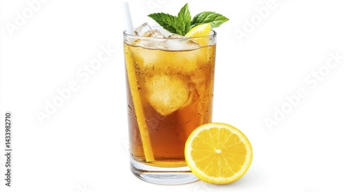 Obraz na płótnie Iced tea with lemon and mint leaves in a glass on a white background. Generative AI w salonie
