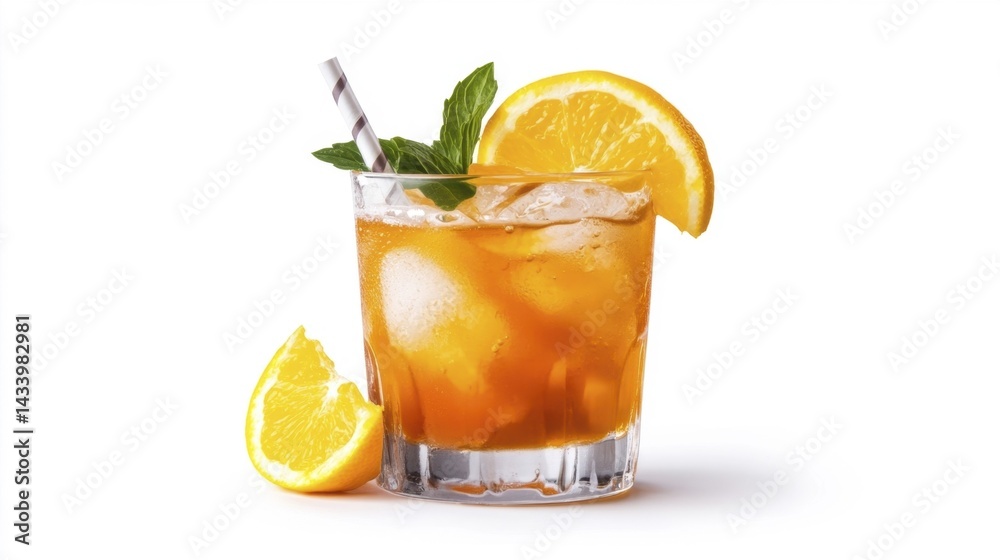 Painkiller cocktail isolated on white background with ice and orange slice. Generative AI