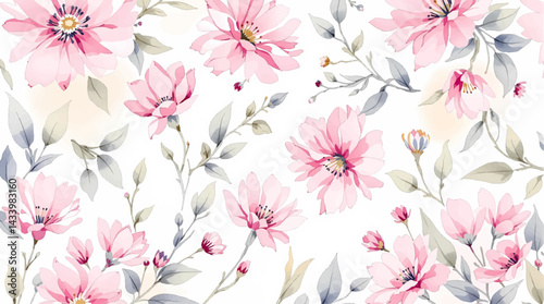 Floral seamless pattern, watercolor pink flowers