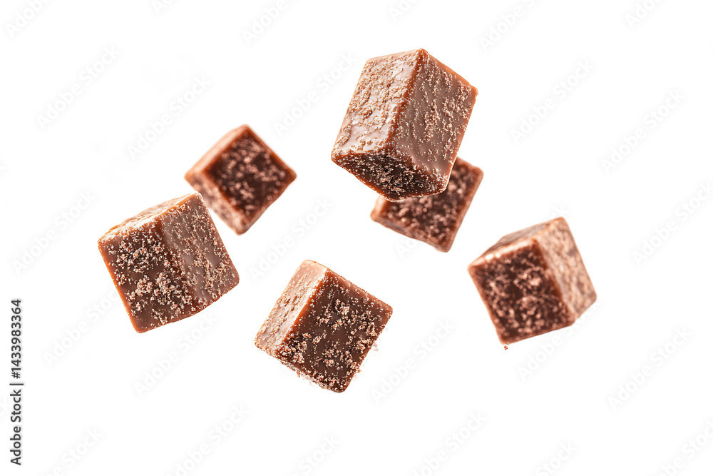 Floating chocolate cubes against a black backdrop creating a visually appealing composition and aesthetic look Floating chocolate cubes against a black backdrop creating a visually appealing composition and aesthetic look