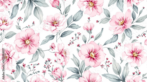 Floral seamless pattern, watercolor pink flowers
