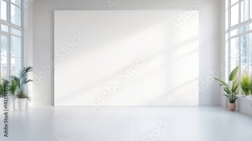 Minimalist, bright room with large blank canvas wall. Sunlight streams through expansive windows, illuminating a clean, modern space