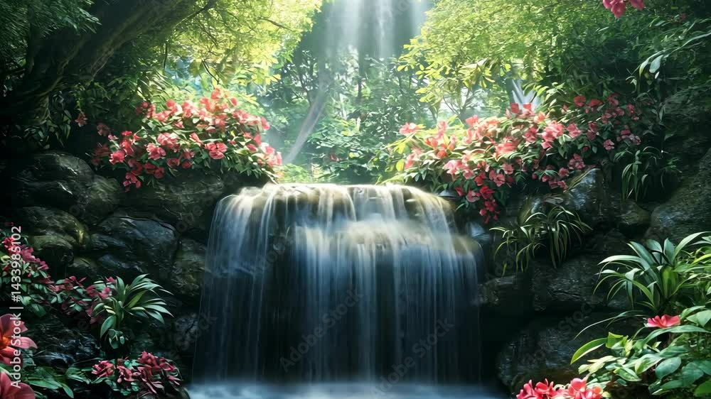 Serene waterfall cascading down rocks, surrounded by lush greenery and vibrant pink flowers. Sunlight streams through the canopy