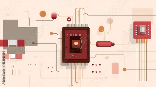 Abstract Illustration of Electronic Circuit Board with Microchip and Connecting Lines in Warm Color Palette