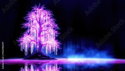 Glowing purple willow tree reflected in dark water, ethereal digital art