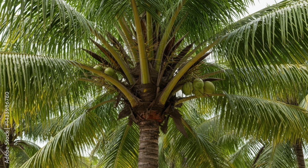 Fototapeta premium Lush canopy of a vibrant coconut palm, symbolizing tropical serenity