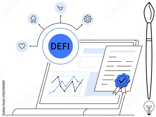 Laptop with financial graph, certified smart contract, decentralized finance hub, and connectivity icons. Ideal for blockchain, finance, technology, innovation, investment security and digital