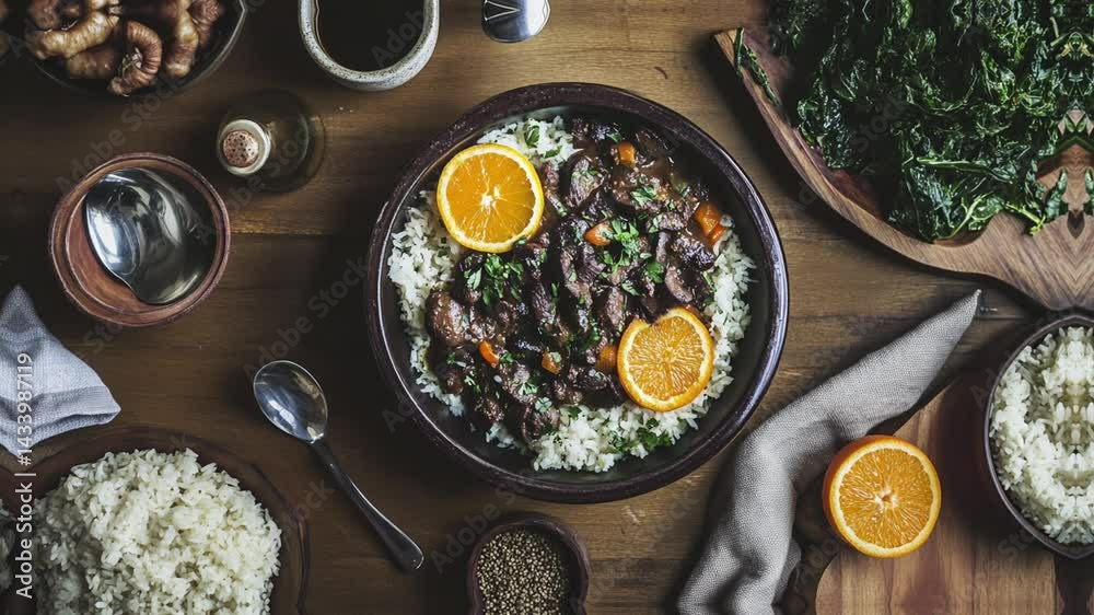 Authentic Brazilian Feijoada Dish: Served with Rice, Orange, Farofa, and Collard Greens on Rustic Wood

