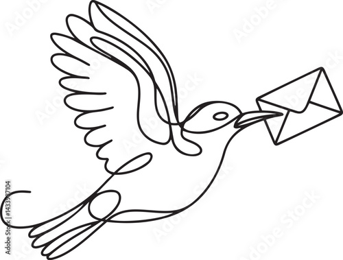 Flying bird with envelope held in beak in elegant black and white line style conveying communication speed and poetic message in flight illustration