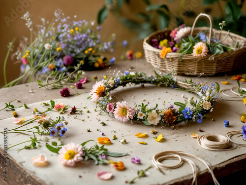 Crown of wildflowers on a rustic table, surrounded by soft petals, twine, and leaves bathed in warm, natural light.
