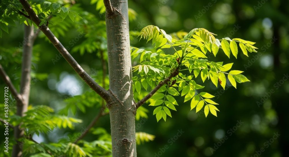 Fototapeta premium Close-up on sunlit tree trunk and vibrant green leaves during springtime season