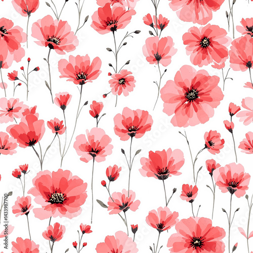 Seamless watercolor pink flowers pattern. Hand painted flowers of different colors, Flower watrecolor