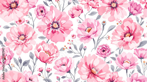 Seamless watercolor pink flowers pattern. Hand painted flowers of different colors