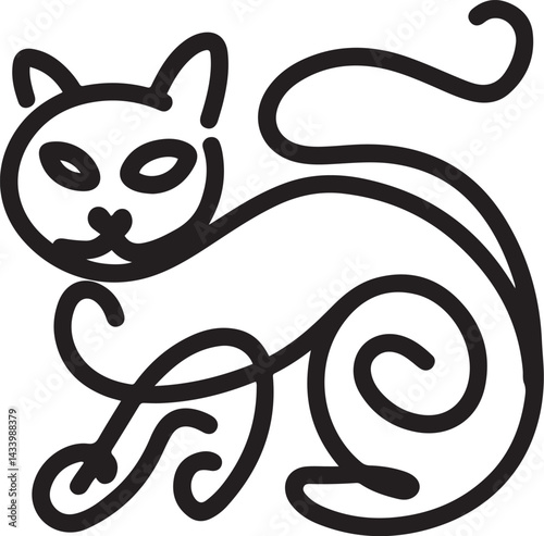 Abstract continuous line art of a black cat in profile view isolated on white background showcasing minimalist feline elegance in a modern vector illustration style