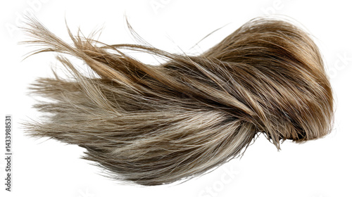 Flowing Blonde Hair: A luscious clump of blonde hair, with highlights, is captured in motion, seemingly flying through the air. The strands are delicately spread out.