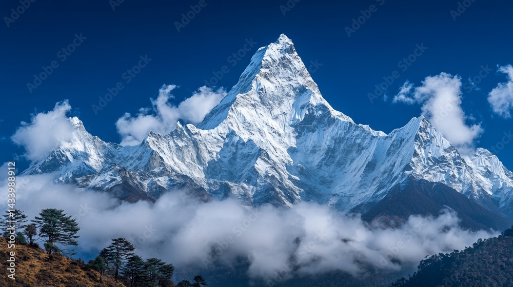 Obraz premium Majestic snow-capped mountain peak piercing a vibrant blue sky, shrouded in clouds. Lush greenery at the base