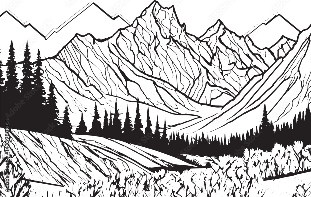 Obraz premium Black silhouette of mountains and fir trees deer stag animals camping adventure wildlife landscape panorama illustration icon vector for logo, isolated on white background