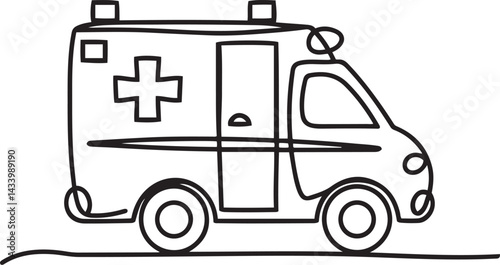 Black linear sketch of an ambulance van with a red cross symbol illustrated in continuous line art style minimal medical vehicle icon isolated on a clean white background