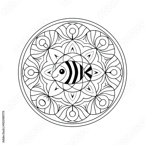 Clown fish mandala coloring page for kids and adults black and white vector illustration