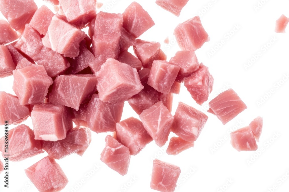 A close-up of diced ham, scattered on a white background A close-up of diced ham, scattered on a white background
