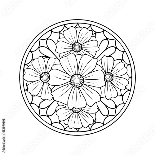 Black and white flower mandala design floral pattern illustration round decorative ornament with detailed petals and intricate lines