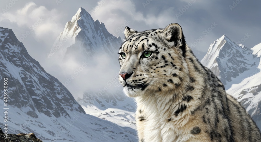 Obraz premium Snow Leopard Portrait Captivating Gaze in Majestic Mountainous Backdrop