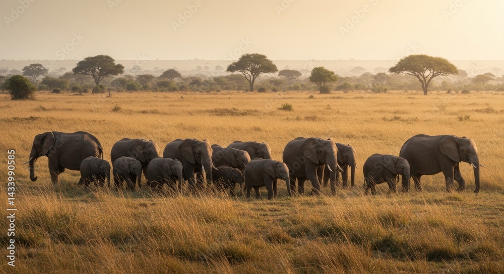 Obraz premium Elephant family walking through the African savannah at sunrise or sunset