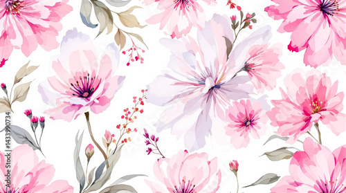 Seamless watercolor flowers pattern. Hand painted flowers of different colors. Flowers for design.	