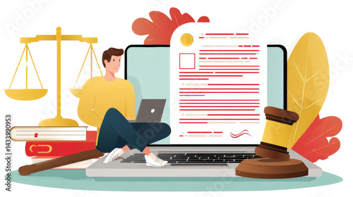 Digital Justice: A person immersed in legal work, using a laptop with documents, highlighting the modern intersection of law and technology with scale, books and judge gavel in close up view. photo