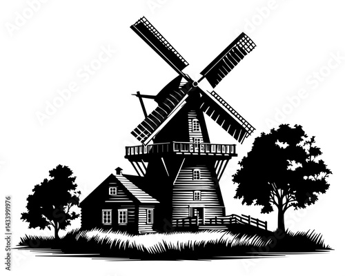 A black and white silhouette of a village mill on a white isolated background. Vector graphics. EPS.