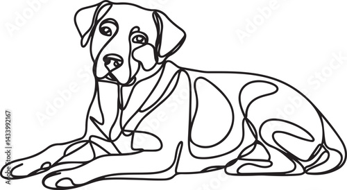 Floppy eared dog in a relaxed pose drawn in black continuous line art isolated on white modern minimalist vector illustration ideal for dog lovers and pet decor themes