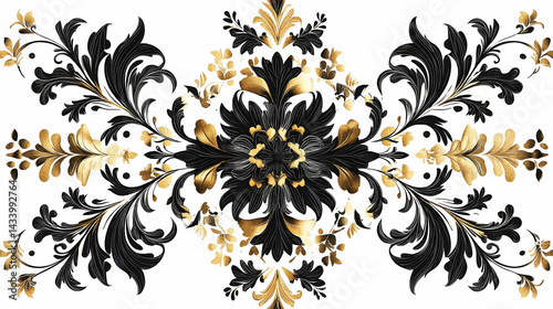Symmetrical decorative design featuring gold and black filigree. photo