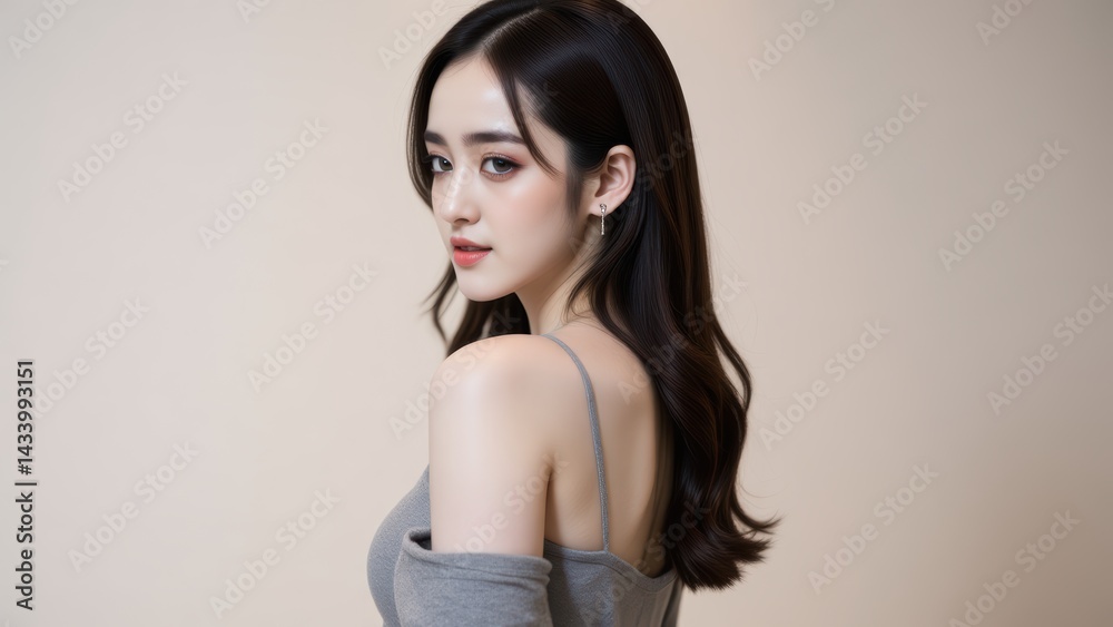 Elegant Asian Woman with Long Black Hair Posing in Studio Elegant Asian Woman with Long Black Hair Posing in Studio