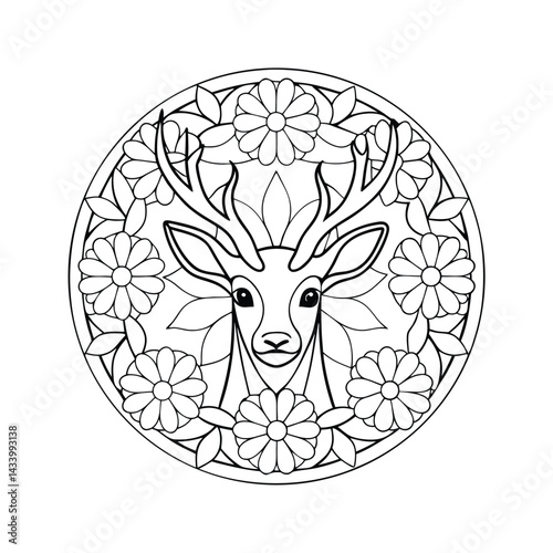 Deer head mandala vector illustration with floral decoration in black and white coloring page design