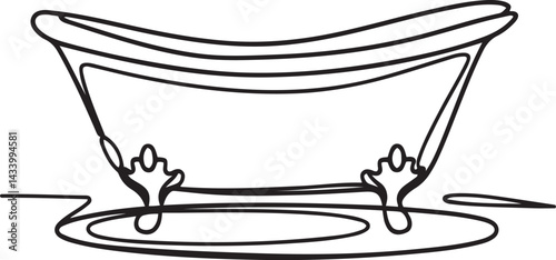 Simple and clean black line art of a vintage clawfoot bathtub drawn in continuous line style on white background perfect for modern minimalist bathroom illustrations