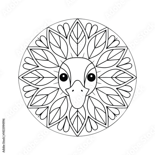 Duck face mandala circular design creative animal decorative pattern intricate illustration stylized bird meditative art
