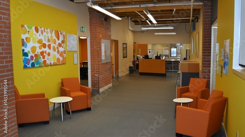 Bright, modern hallway with orange chairs, yellow walls, and exposed brick