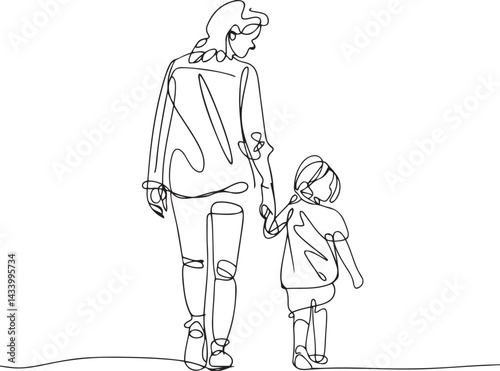 Minimalist vector illustration of a smiling mom walking with her daughter in a simple black line continuous art style on white background symbolizing family love
