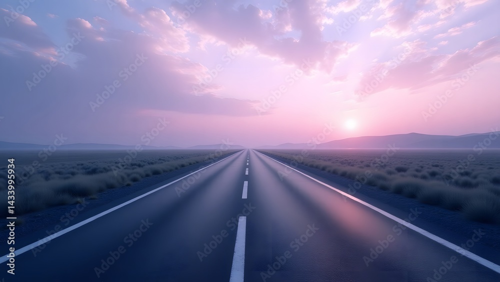 Fototapeta premium A long road stretching towards the horizon under a pastel sky with clouds and a distant mountain range