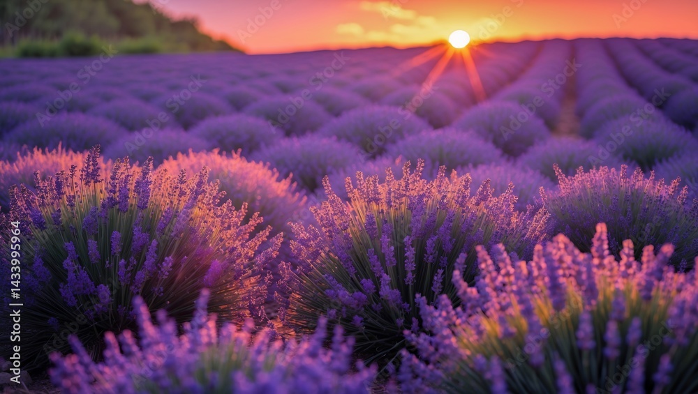 Obraz premium Fiery sunset over tranquil lavender field