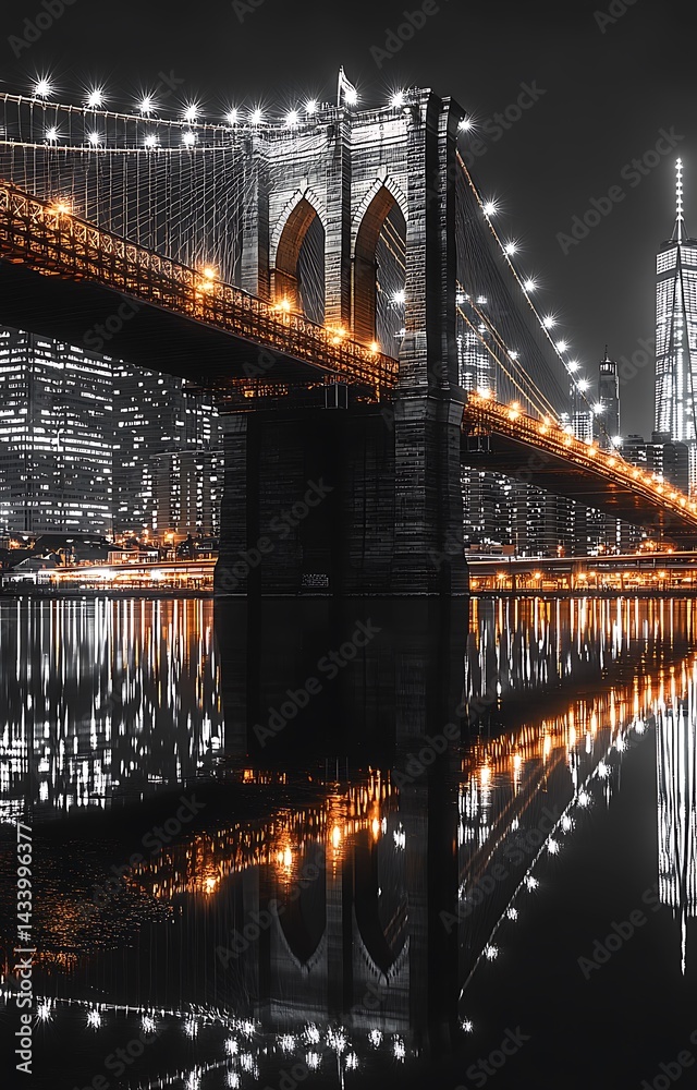 Fototapeta premium Brooklyn bridge nightscape with city skyline and water reflections in monochrome