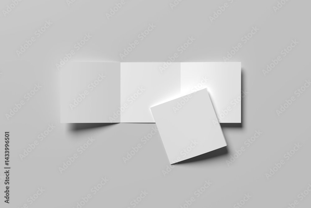 Vector white blank square three panel roll fold opened on white background. Trifold, leaflet, brochure, booklet, flyer or invitation card mockup. Vector white blank square three panel roll fold opened on white background. Trifold, leaflet, brochure, booklet, flyer or invitation card mockup.