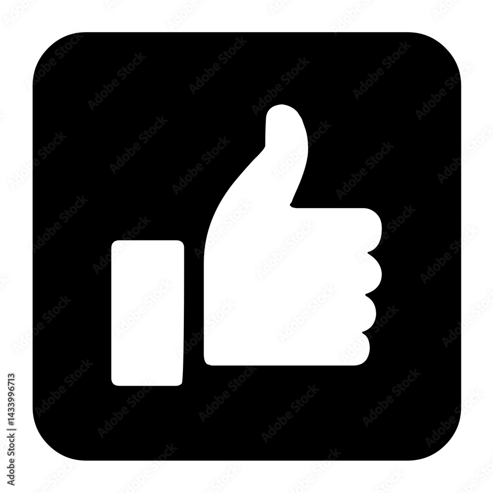 White thumbs-up icon on black rounded square background. White thumbs-up icon on black rounded square background.