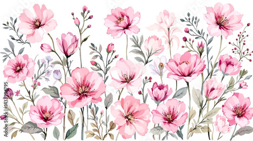 Seamless watercolor pink flowers pattern. Hand painted flowers of different colors