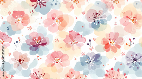 Seamless watercolor pink flowers pattern. Hand painted flowers of different colors