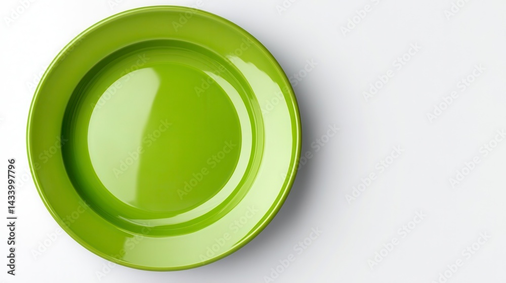 Top view of a single, empty, bright green ceramic plate on a white background. Top view of a single, empty, bright green ceramic plate on a white background.